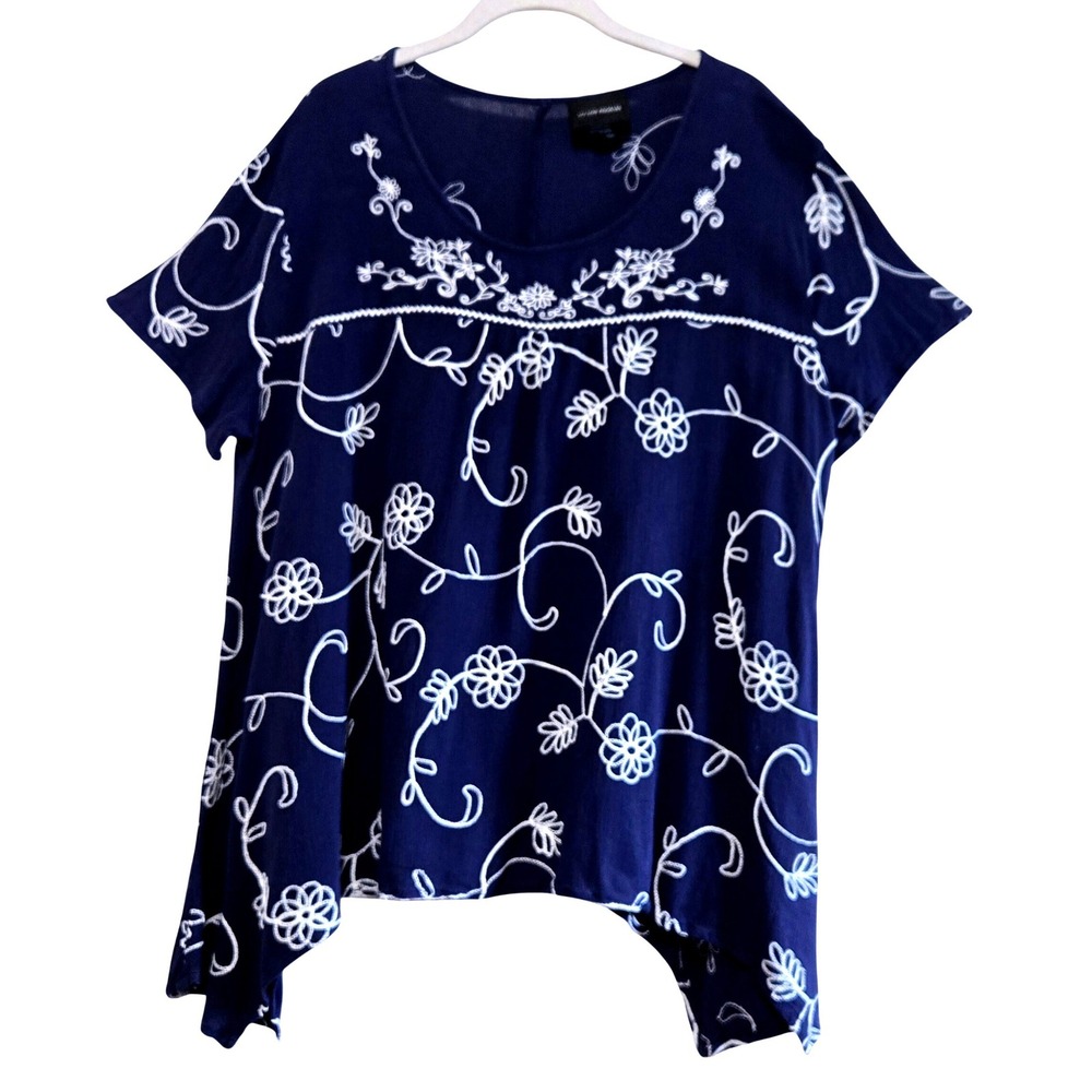 Liv Los Angeles, Navy & White, Rayon Lagenlook, Shark Bite Tunic, Size 2X